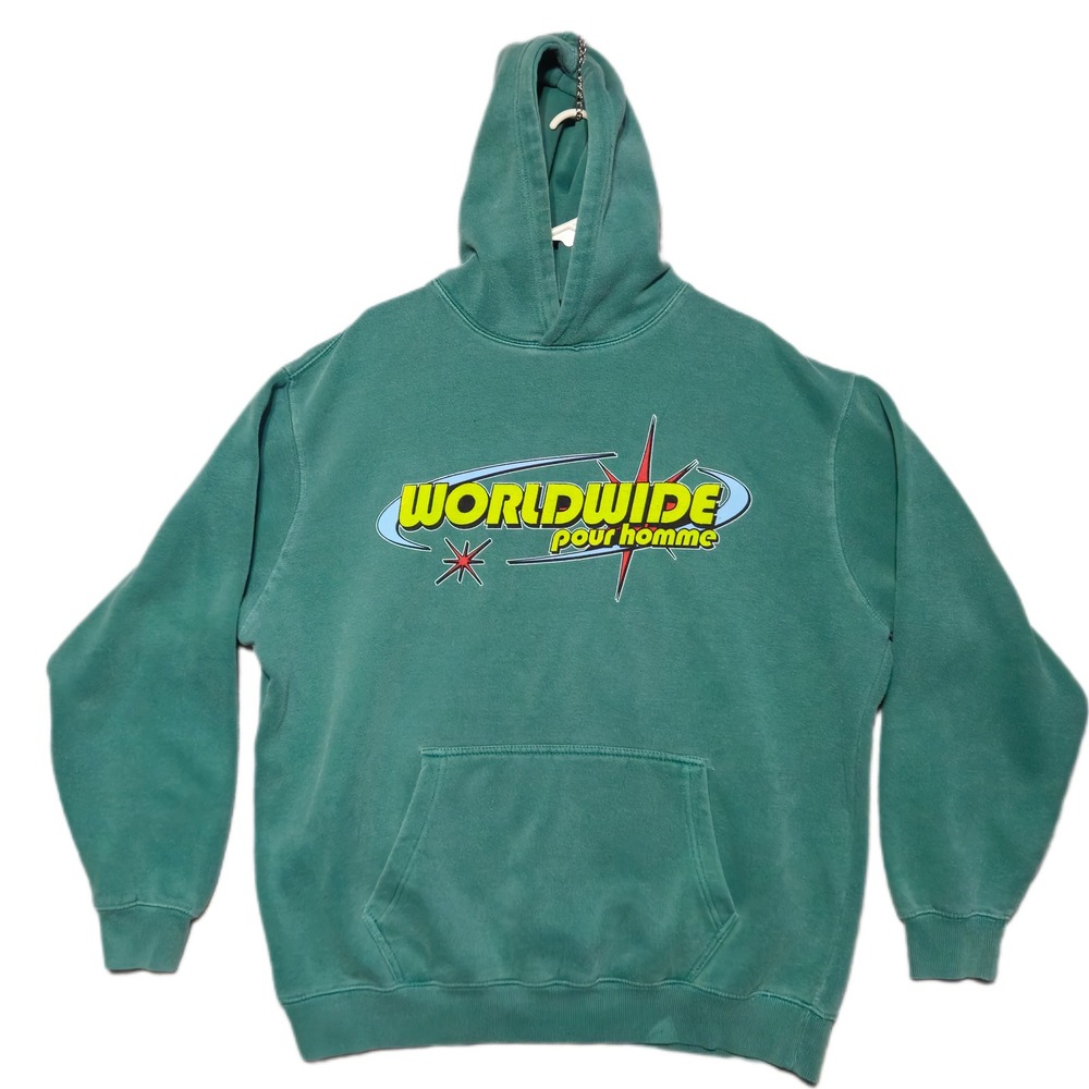 BoohooMAN Worldwide Pour Homme Hoodie Mens L Green Graphic Pullover Streetwear